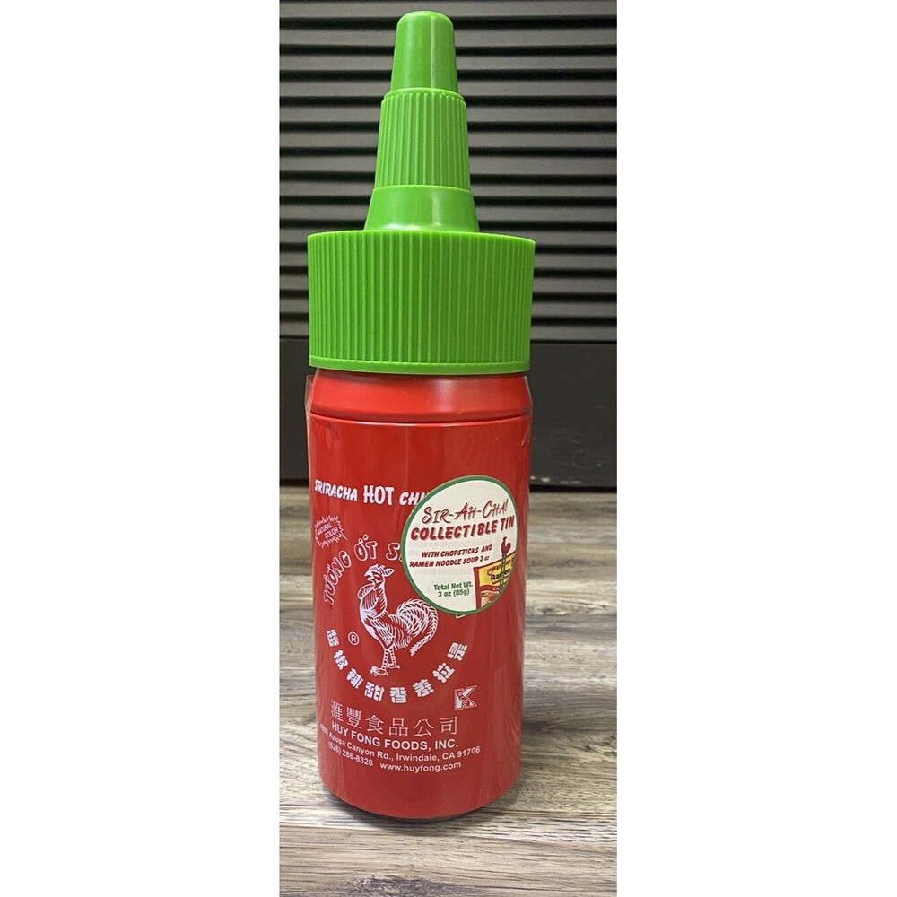 Giant Siracha Collectible Tin with Chopsticks & Ramen Noodle Soup. 14” Tall